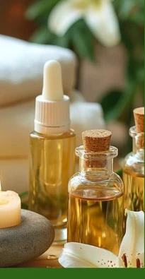 Aromatic massage oils and relaxing spa setup